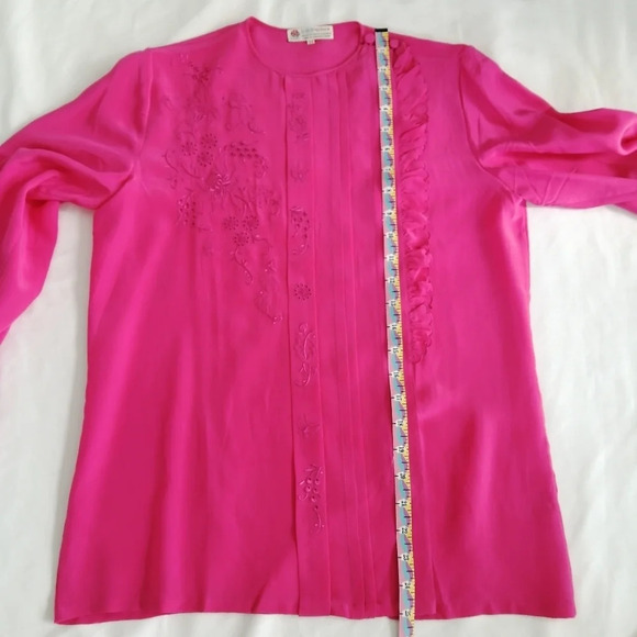Vintage Peony Pure Silk Hand Embroidered Pink Long Sleeve Blouse Size 34 Small - Picture 16 of 17